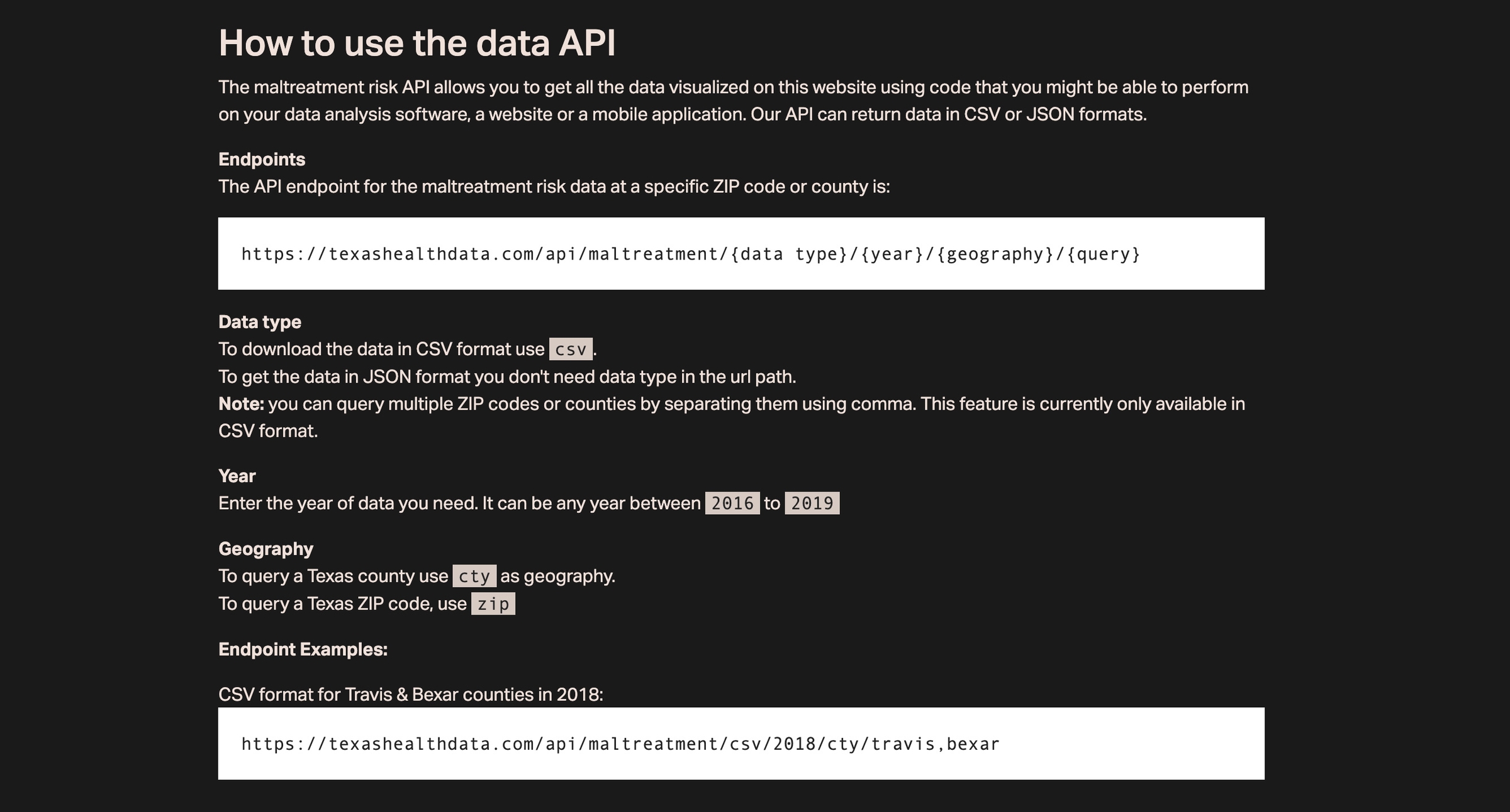 A screenshot from Maltreatment Risk data api documentation page.