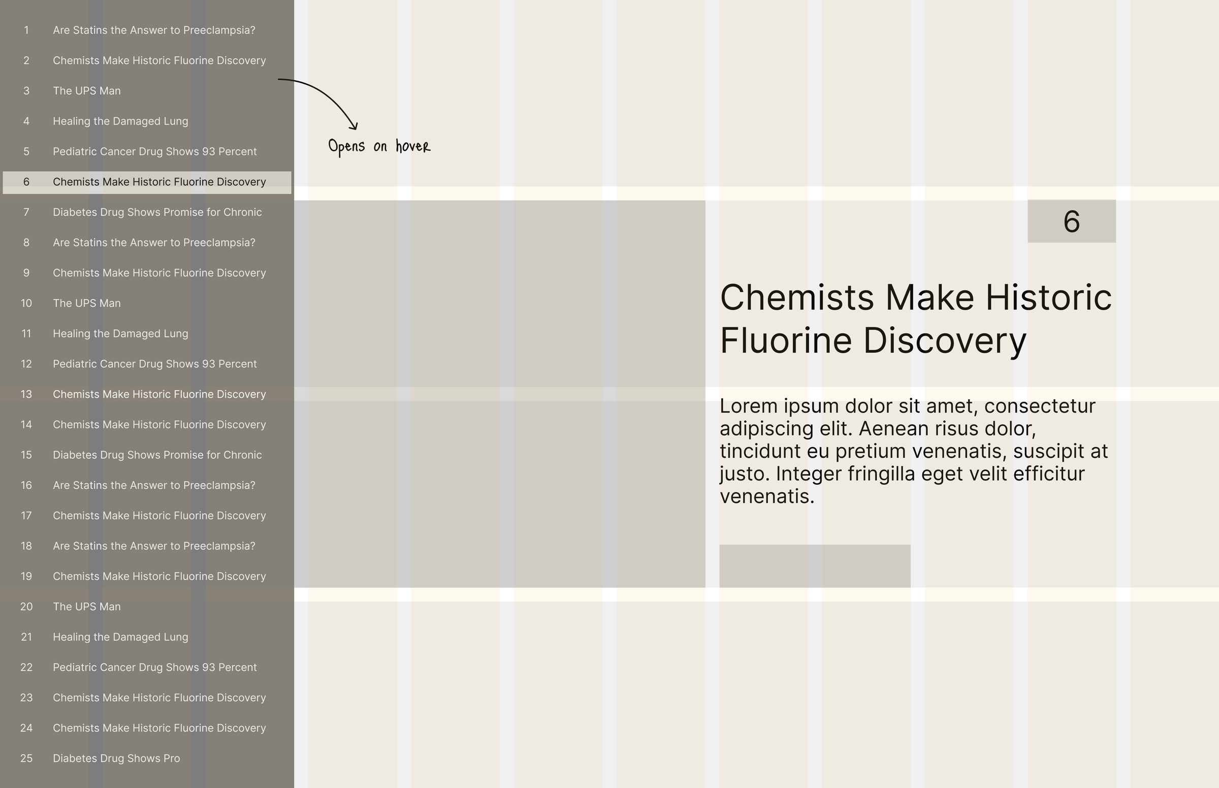 A screenshot from Figma wireframe showcasing how the navigation menu works