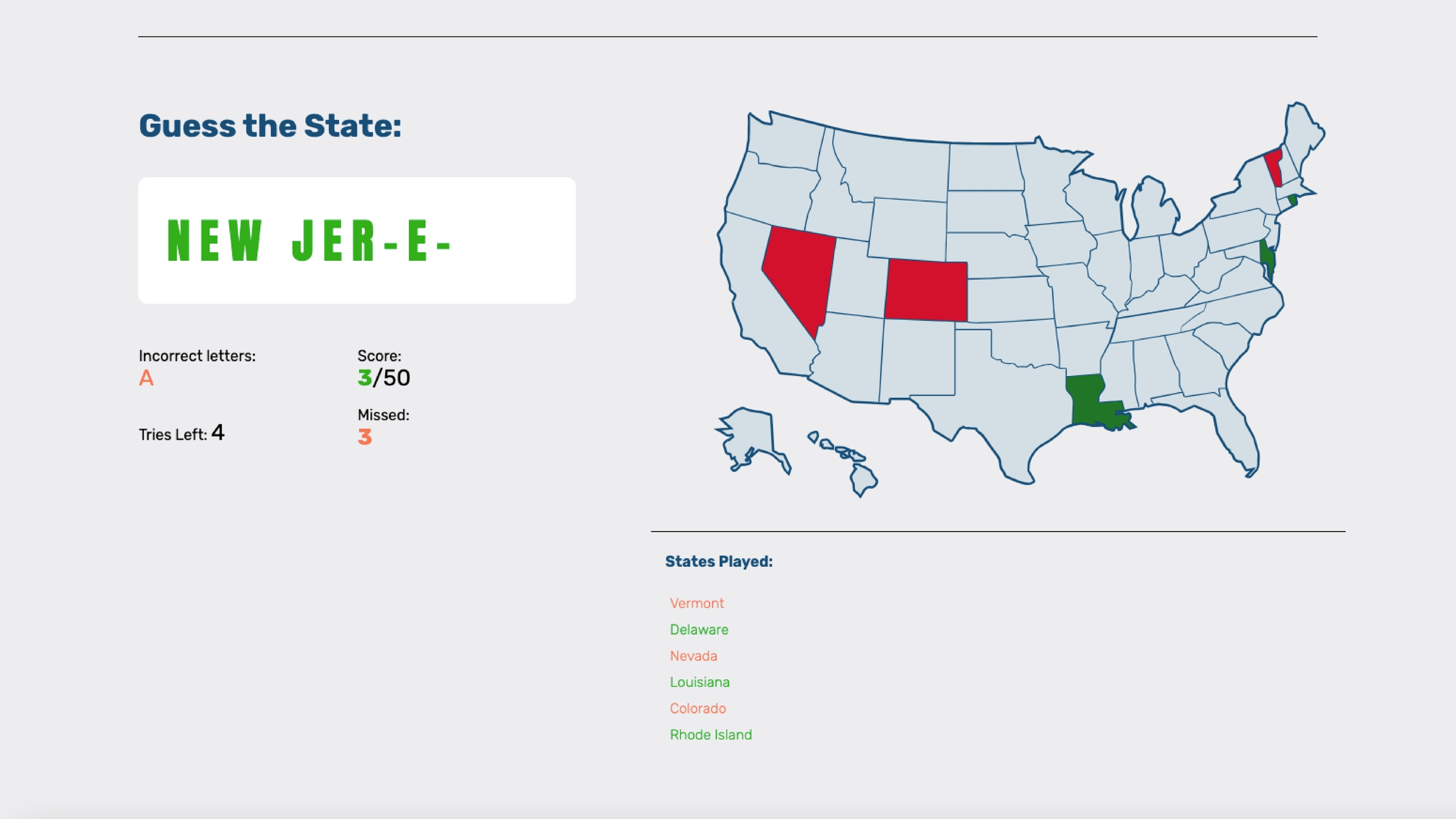 a screenshot of 50 States Hangman UI