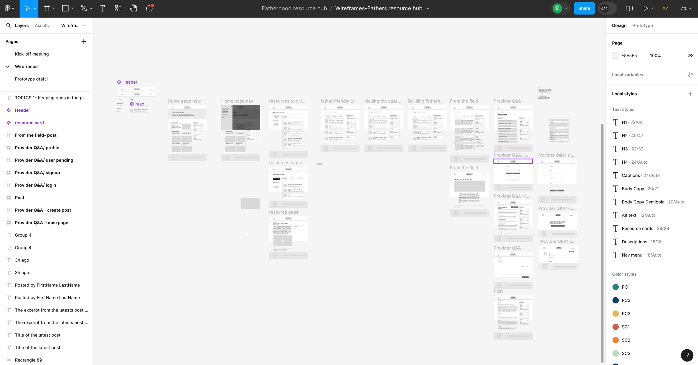 a screenshot of low-fidelity wireframes I created for the website