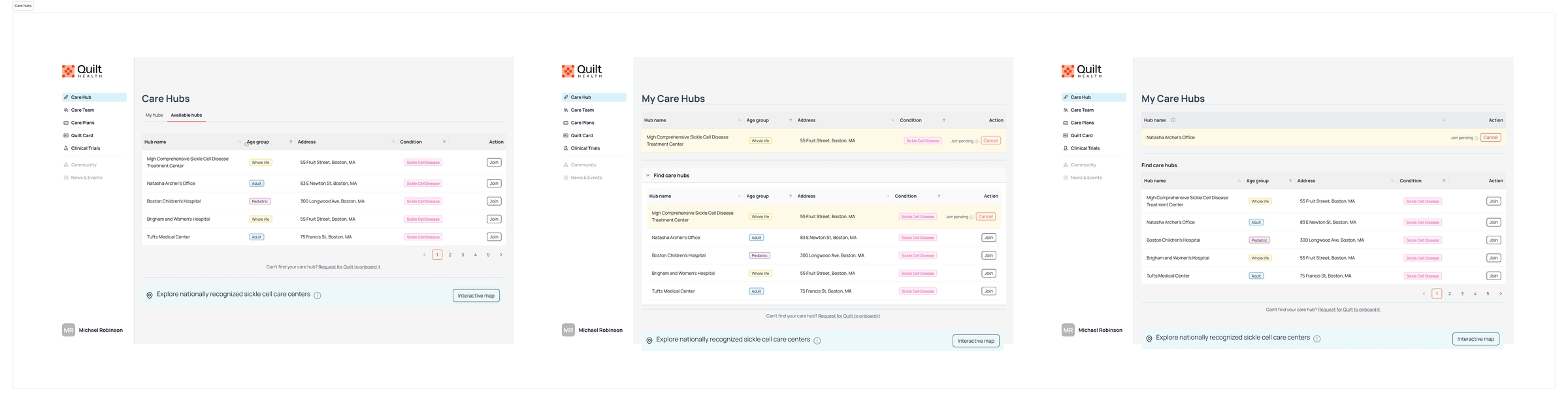 Three alternative layouts explored for the Care Hubs screen: a tabbed structure separating available from connected/pending hubs, a collapsible section approach, and an inline sections layout.