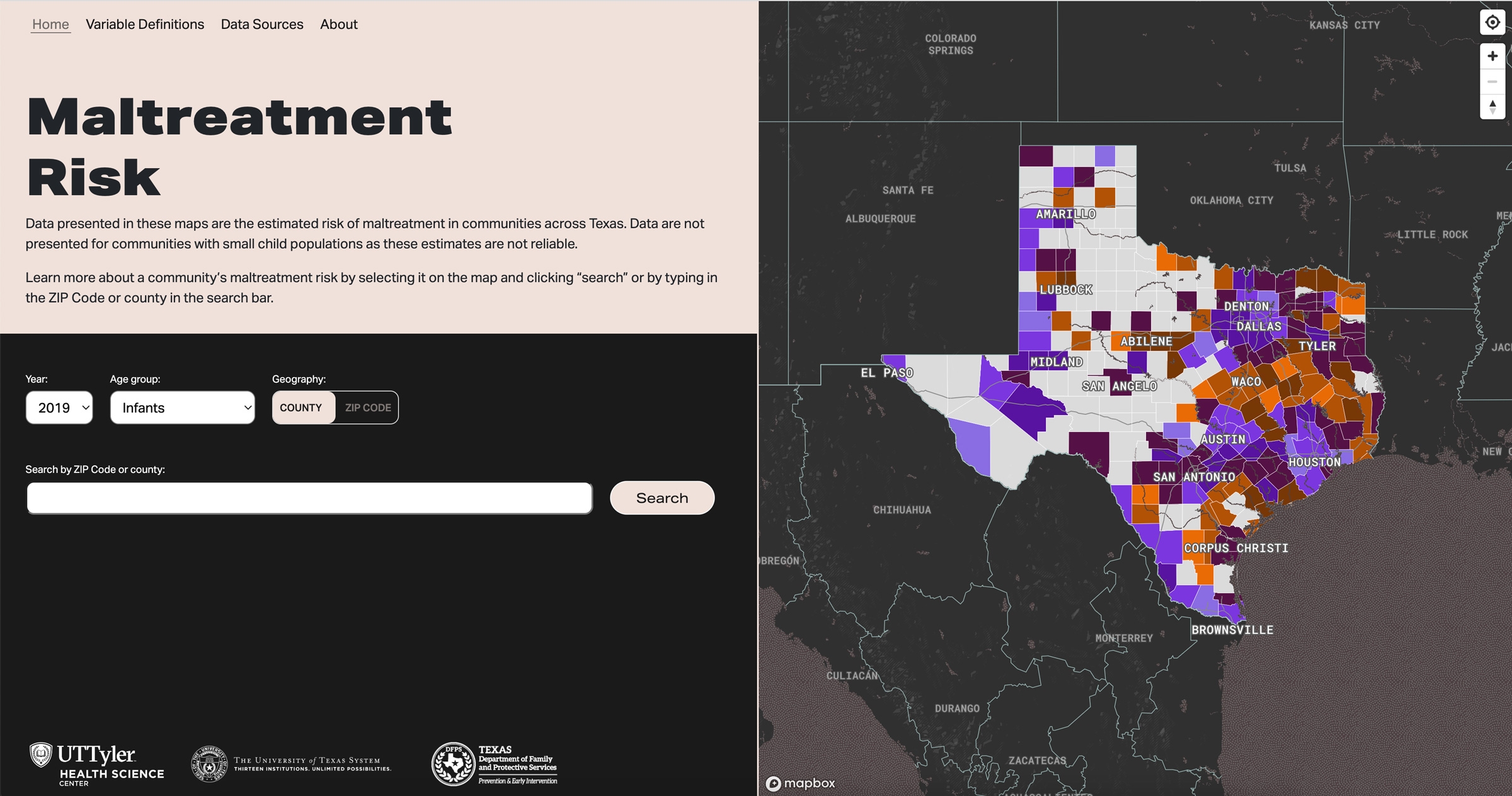 A screenshot of 2021 Maltreatment Risk maps UI