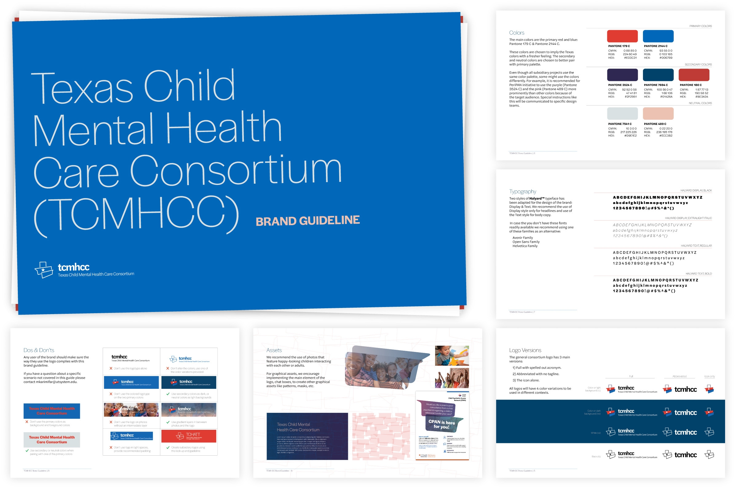 Some pages from the brand guideline book developed for the Texas Child Mental Health Care Consortium.