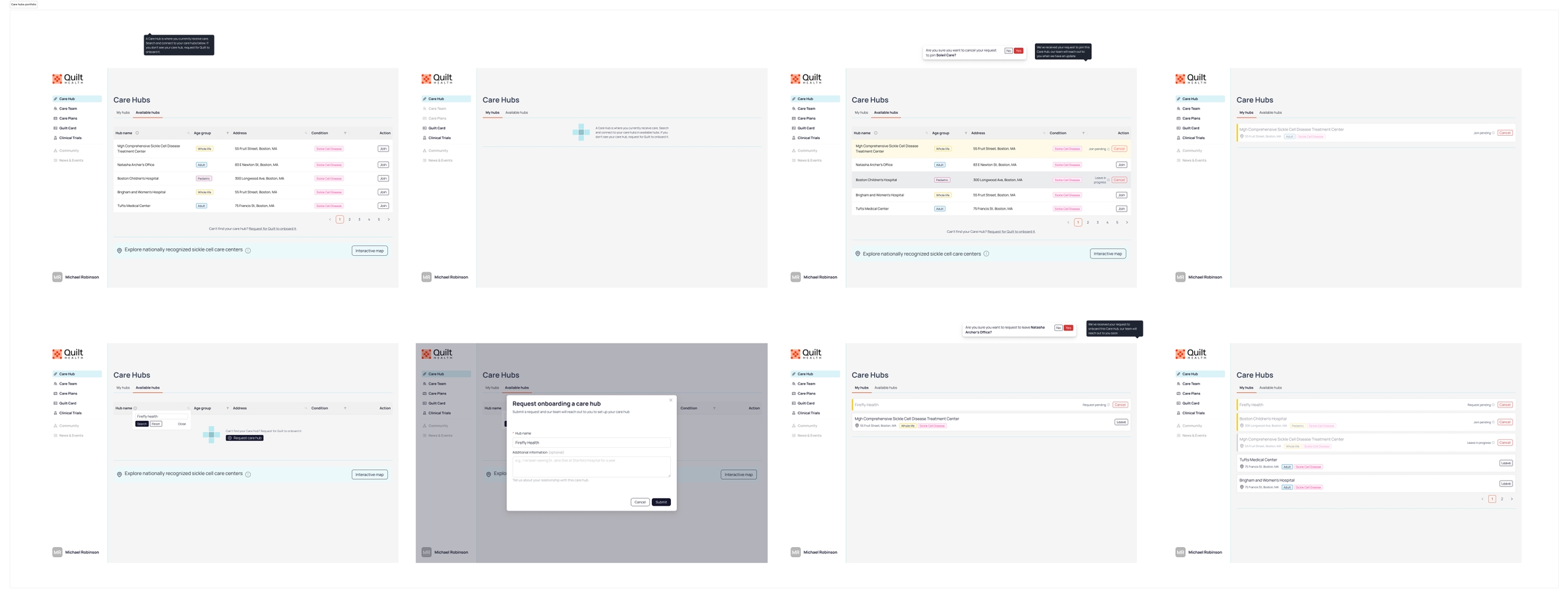 Screens from the Care Hubs provider flow, showing the request onboarding modal and the pending state after a connection request is submitted. The pending state communicated that a review was in progress, but didn't yet give providers enough clarity on next steps or timeline.